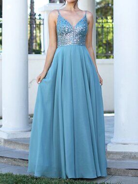 Ocean Blue Sleeveless Sequin Chiffon Formal Wedding Evening Dress 10